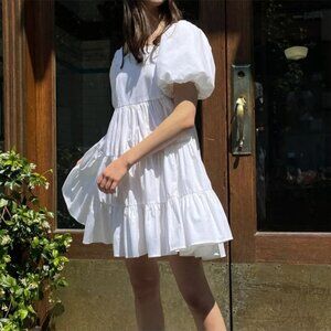 Oak + Fort White Puff Sleeve Tiered Midi Dress XS Cotton & Polyester